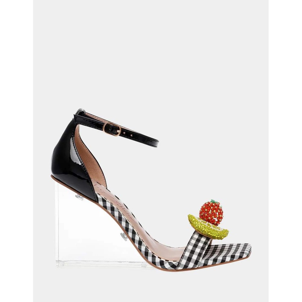 Betsey‎ Johnson Harlen Gingham Fruit Beaded Clear Wedge Sandals Black White 7.5 - Picture 3 of 14